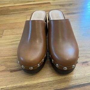 J. Crew Brown Leather Clogs with Silver Studs VGUC